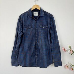 Age of Wisdom Check Plaid Blue Black‎ Snap Long Sleeve Shirt Men's L Grunge